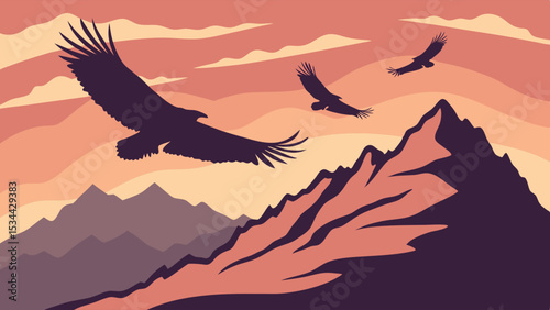 Silhouette Birds of Prey Flying Over Mountains at Sunset Vector Flat Design Illustration
