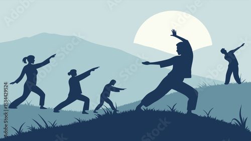 Peaceful morning outdoor Tai Chi silhouettes group exercise at sunrise in nature