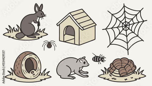 Cute Simple Cartoon Illustration of Animals and Their Homes Rabbit Rat Spider Bee House Web Burrow Nest Den