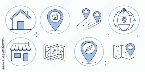 Flat Location & Navigation Icons – Minimal Blue and White Vector Set for Mobile, Maps, and Real Estate UI 