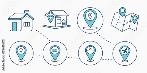 Flat Location & Navigation Icons – Minimal Blue and White Vector Set for Mobile, Maps, and Real Estate UI 