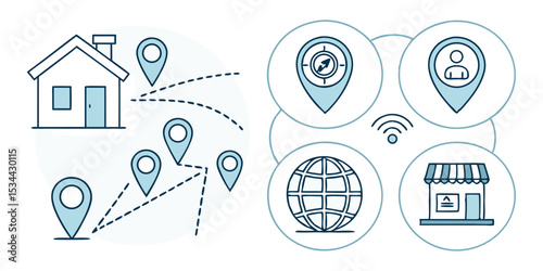 Flat Location & Navigation Icons – Minimal Blue and White Vector Set for Mobile, Maps, and Real Estate UI 