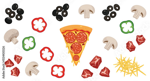 Delicious Pizza Slice Surrounded by Fresh Ingredients Makes Mouthwatering Appetizing Presentation