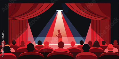Illustration of a theatrical performance with a stage lit by a single spotlight