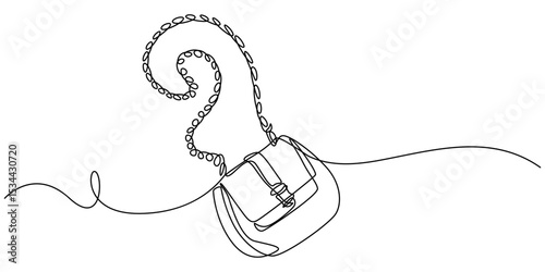Continuous one line drawing of Lady's hand bag. Women's bag single line art vector illustration. Editable vector, Elegant woman bag one line drawing on white isolated background, One continuous line