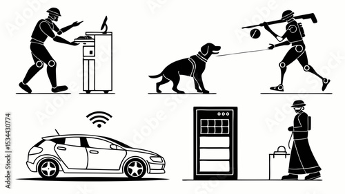 Black White Graphic Icons Set Technology Automation Data Network Future Self Driving Car People Dog Modern Life