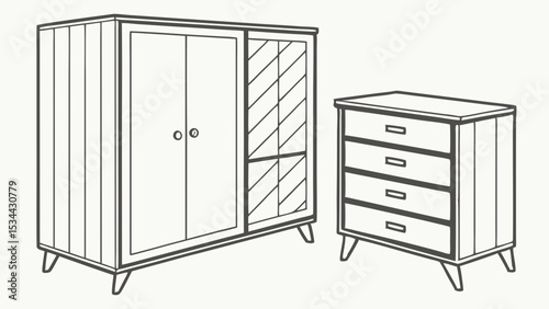 A wardrobe closet and chest of drawers line art illustration. Modern bedroom furniture set drawing for home interior design.