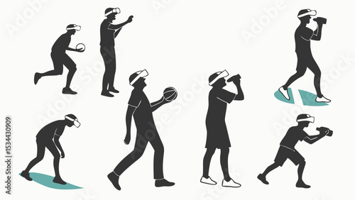 People in VR headsets silhouettes playing virtual reality games and sports future technology concept.