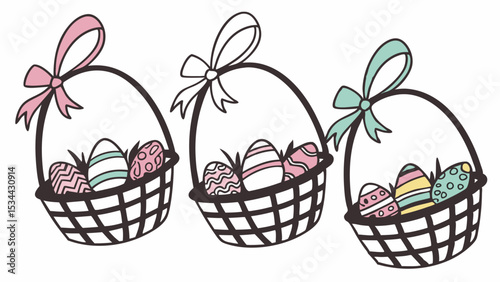Three Pastel Easter Baskets with Decorated Eggs and Ribbons Spring Holiday Celebration Simple Graphic Illustration Design Element