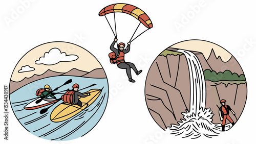 People enjoying exciting outdoor adventure sports kayaking skydiving waterfall nature travel vacation thrill activities