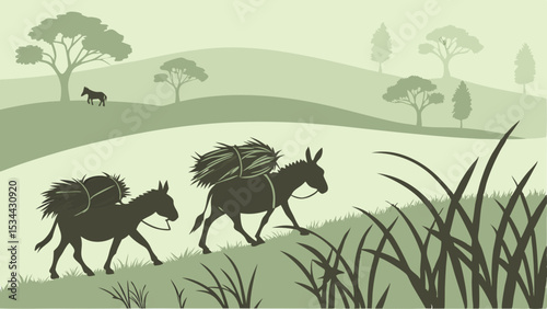 Donkeys carrying hay uphill in a rural landscape illustration, traditional farming and transport