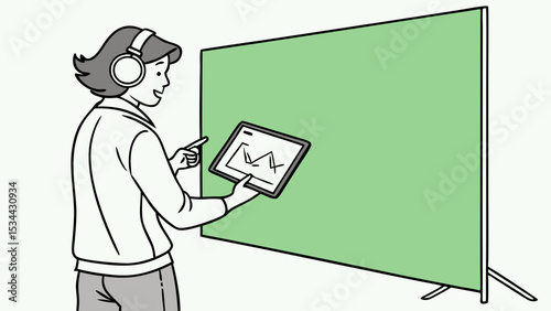 Woman with headphones using tablet showing data graph in front of green screen for online video