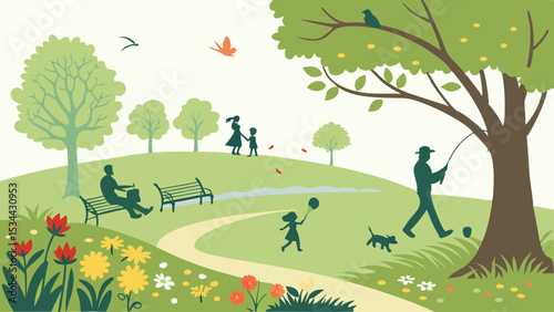 Happy people enjoying leisure time in a park illustration. Family, couple, man fishing, girl with balloon, dog, birds, flowers, trees.