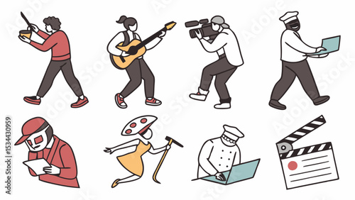 Diverse creative people professions hobbies online work vector illustration set