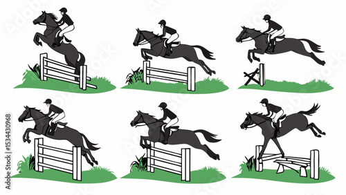 Equestrian Sport Horse Jumping Illustrations Set Show Jumping Rider Over Fences and Obstacles