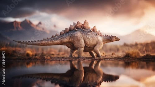 A massive stegosaurus stands near calm water reflecting its image Mountains rise in the background under a warm vibrant sunset Prehistoric scene depicts nature s majesty