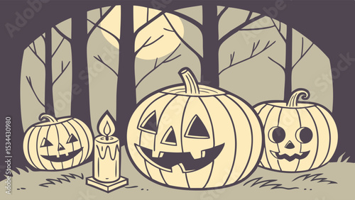 Halloween pumpkins jack o lanterns candle spooky night forest cartoon illustration fall holiday background