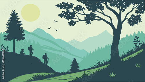 Scenic Nature Flat Illustration of Hikers Exploring Lush Green Mountain Valley Trail