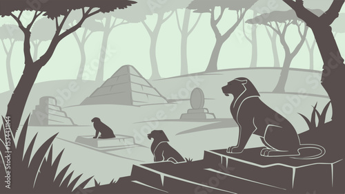 Stylized Flat Art of Ancient Jungle Ruins Featuring Three Lions Pyramids and Mysterious Stone Monuments
