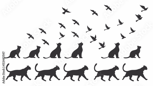 Black Silhouette Drawing of Cats and Flying Birds Flock Illustration Art