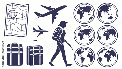 Travel Adventure Vacation Silhouette Graphic Set Map Airplanes Luggage Hiker Globes World Maps Icons