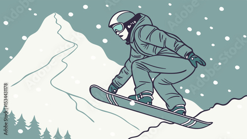 Snowboarding Illustration Retro Style Rider on Snowy Mountain Slope Winter Sports Art