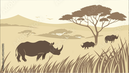 Sepia Illustration of African Rhinos in a Savanna Landscape with Acacia Tree and Hills