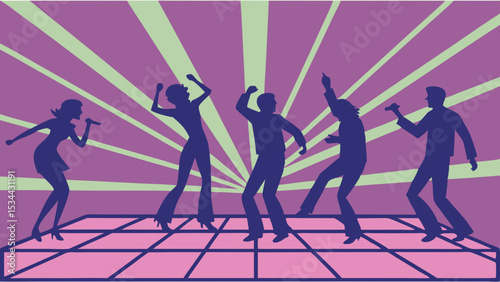 Retro Disco Party with Dancing Silhouettes on Light Up Floor and Starburst Background