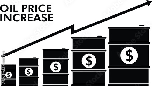 Flat black silhouette of oil barrel with bold upward arrow beside it, minimal vector icon symbolizing rising oil prices or increasing energy demand