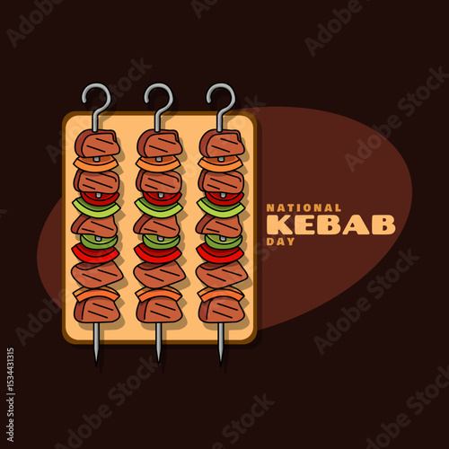 World Kebab Day to celebrate on second Friday of July. Three skewers of kebab meat with red and green peppers served on wooden plate on dark brown background. Food event banner.