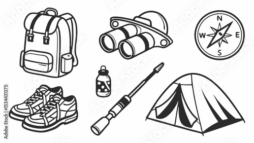 Outdoor Adventure and Camping Gear Line Art Illustration. Hiking Equipment Set Backpack Tent Compass Binoculars Shoes Fishing Rod.
