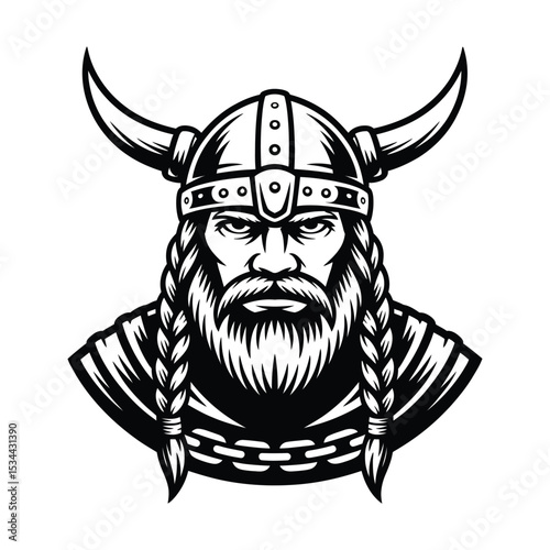 Monochrome vector illustration of a viking warrior portrait featuring a horned helmet and crossed axes, perfect for tattoo art, historical themes, or graphic design

