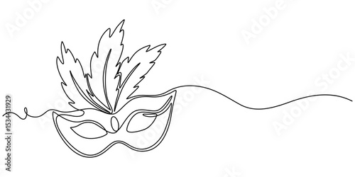 Mardi gras carnival feather mask drawing single continuous line art purple green and yellow color, Continuous line drawing of Mardi Gras Carnival mask. One line art. Vector illustration, masquerade.