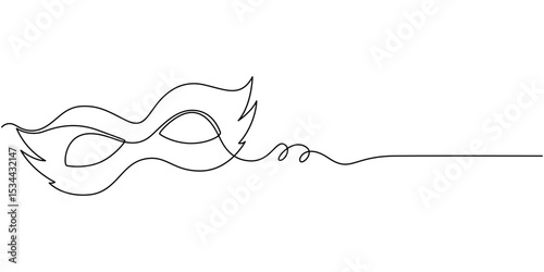 Mardi gras carnival feather mask drawing single continuous line art purple green and yellow color, Continuous line drawing of Mardi Gras Carnival mask. One line art. Vector illustration, masquerade.