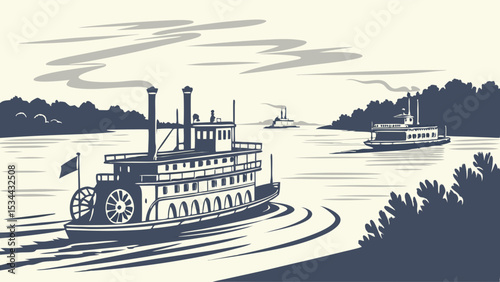 Monochrome Vintage Paddlewheel Steamboats on River Landscape Illustration