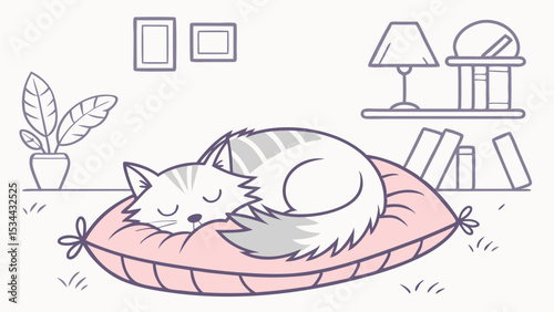 Cute cat sleeping peacefully on a pink pillow in a cozy home interior. Relaxing domestic pet animal napping comfortably indoors.