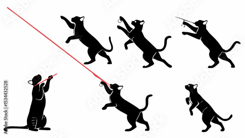Black cat silhouettes playing with red laser pointer light vector graphic