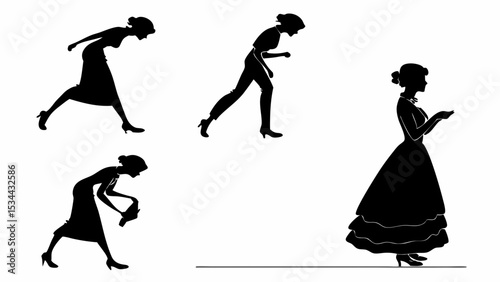Silhouettes of women showing the aging process life stages from elegant young lady to elderly woman with a cane