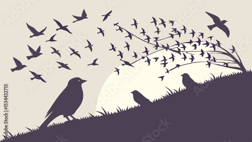 Beautiful Minimalist Silhouette Art Illustration of a Flock of Birds Flying From a Tree Over a Grassy Hill Nature Landscape Sunset