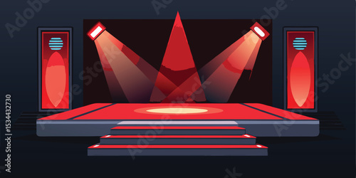 Red stage with spotlights illuminated for performance entertainment and live events