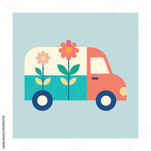 Cartoon Flower Delivery Van with Floral Graphics