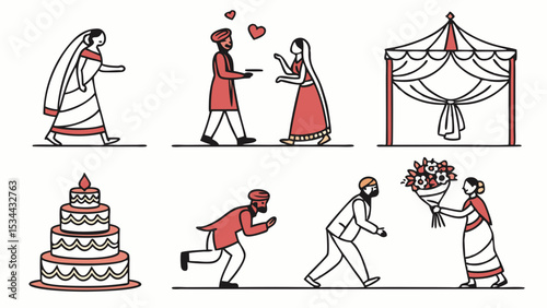 Minimalist Line Art Illustrations of Traditional Indian Wedding Ceremony Scenes Featuring Bride Groom Cake and Canopy