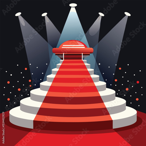 Red carpet leading to stage with spotlight and steps for event celebration or award ceremony
