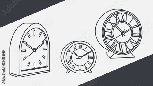 Line Art Outline Illustration of Three Different Desk and Table Clocks with Roman Numerals