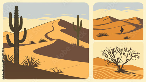Arid desert landscape illustration with sand dunes, saguaro cacti, dry tree, and plants in flat vintage style
