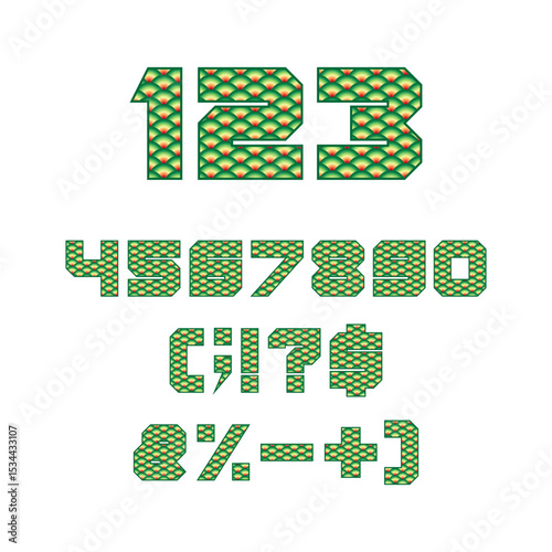 Font, numbers and signs with japanese fish scales. Isolated vector objects on white background.