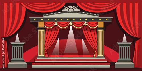 Vector illustration of a classic theater stage with red curtains and dramatic lighting