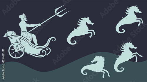 Poseidon Sea God Riding Chariot with Trident and Hippocampus Mythical Sea Horses Ancient Greek Mythology Silhouette Art