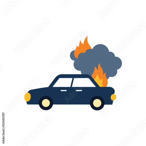Burning Wrecked Car with Smoke and Sparks