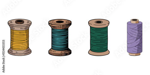 spools of thread isolated on white, Spool of thread and needle engraving vector illustration. Scratch board style imitation. Hand drawn image, Sewing Needle And Thread Drawing, Vintage Sewing Thread